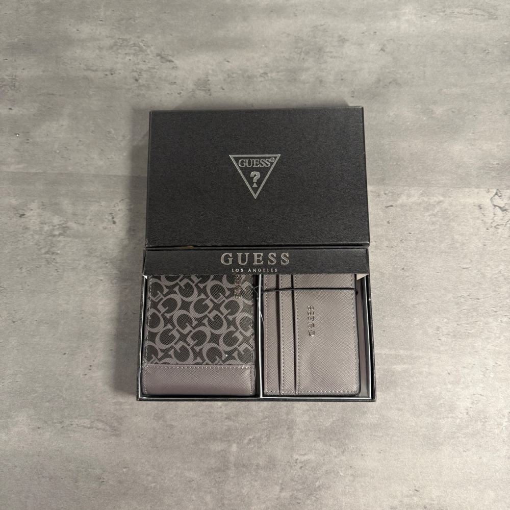 Guess Wallet Set Mens Gray Black Logo Bifold Card Holder Gift Box New Streetwear